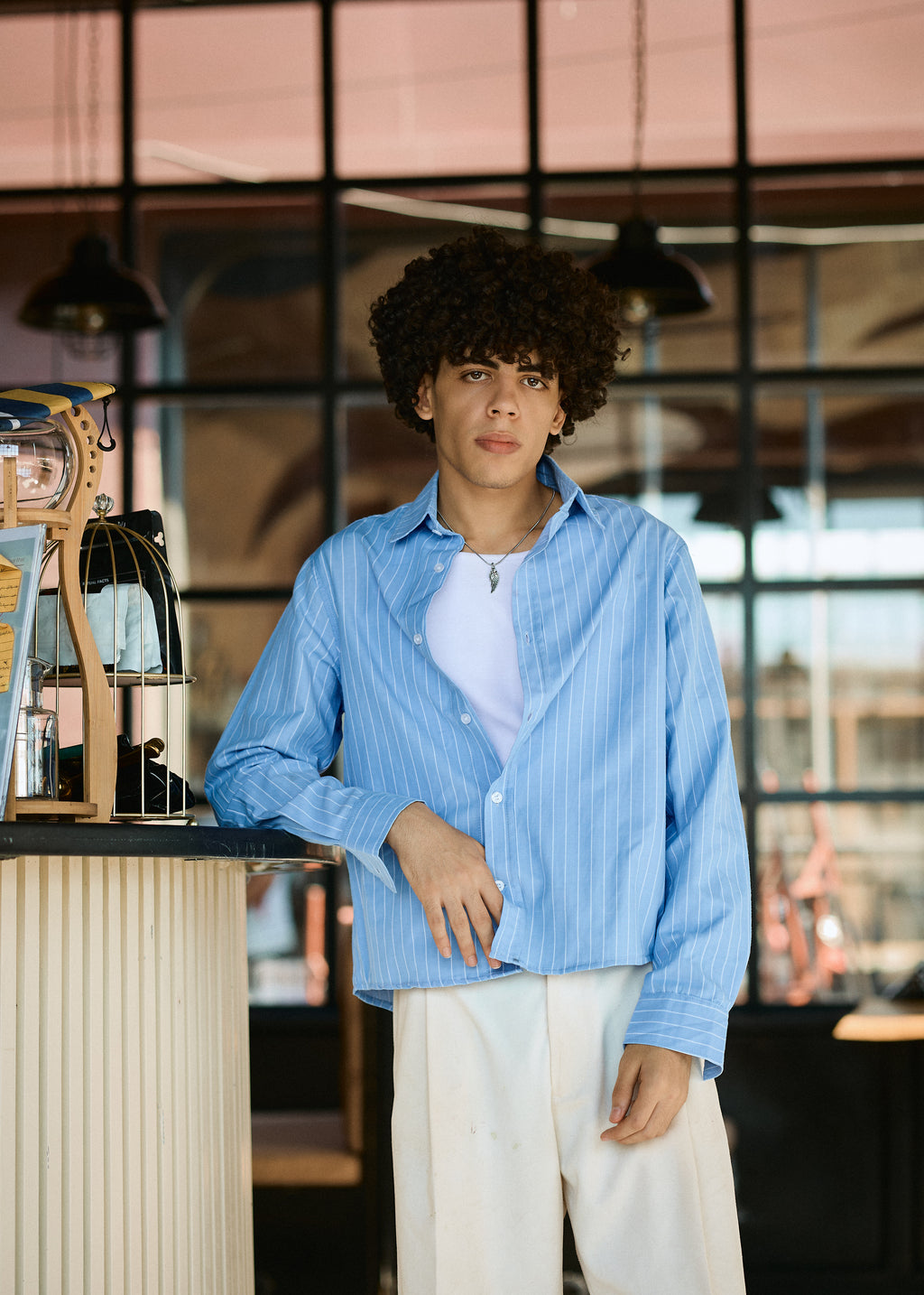 Lusedo Sky Blue Cropped Pinstripe Shirt