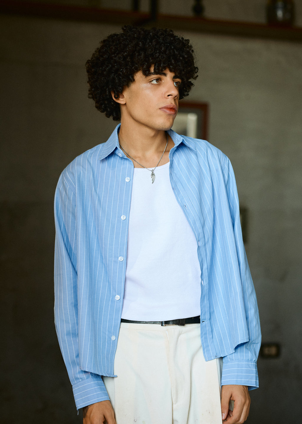 Lusedo Sky Blue Cropped Pinstripe Shirt